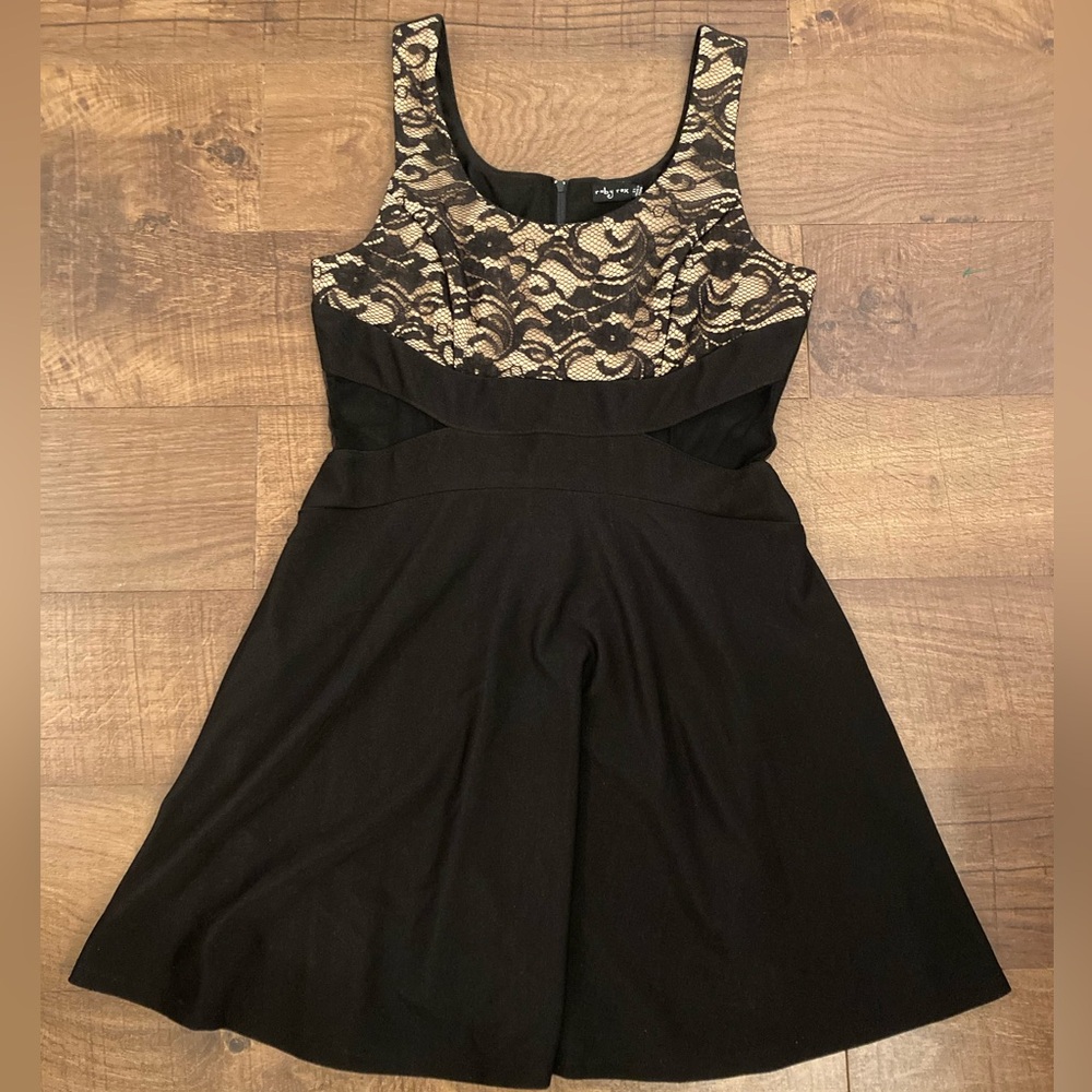 Ruby Rox Y2K Black Nude Lace Bodice Overlay Fit&Flare Whimsigoth Dress Size 11
